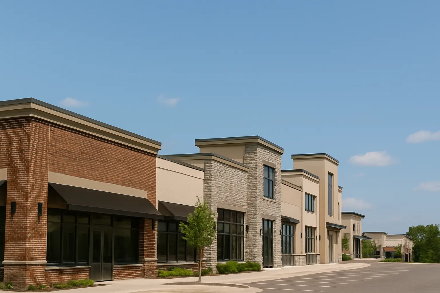 Modern commercial buildings in Saskatchewan with clear sky, showcasing May 2025 commercial real estate trends.
